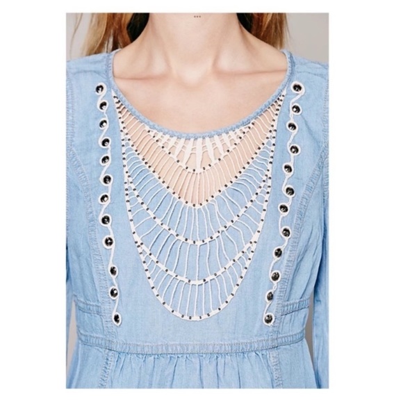 Free People Indigo Tencel Chambray Tunic Boho Mini Dress in Blue Size XS - Picture 6 of 9